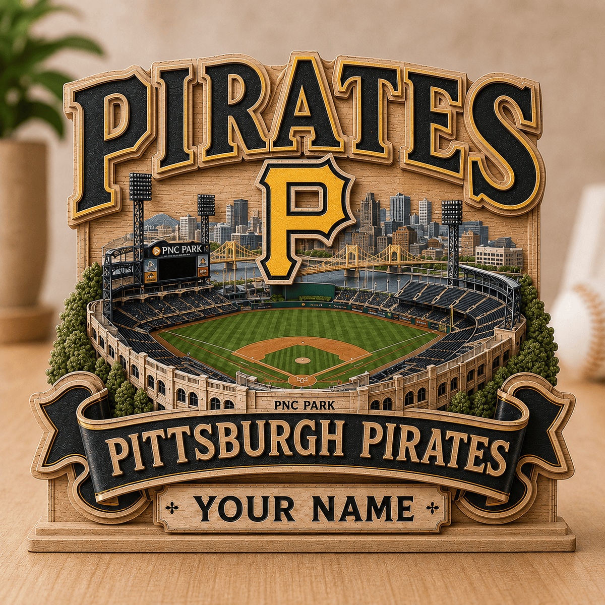FINAL SALE - NEW CUSTOMIZED MLB29 PHP PITTSBURGH PIRATES 3-LAYER WOODEN BLOCK