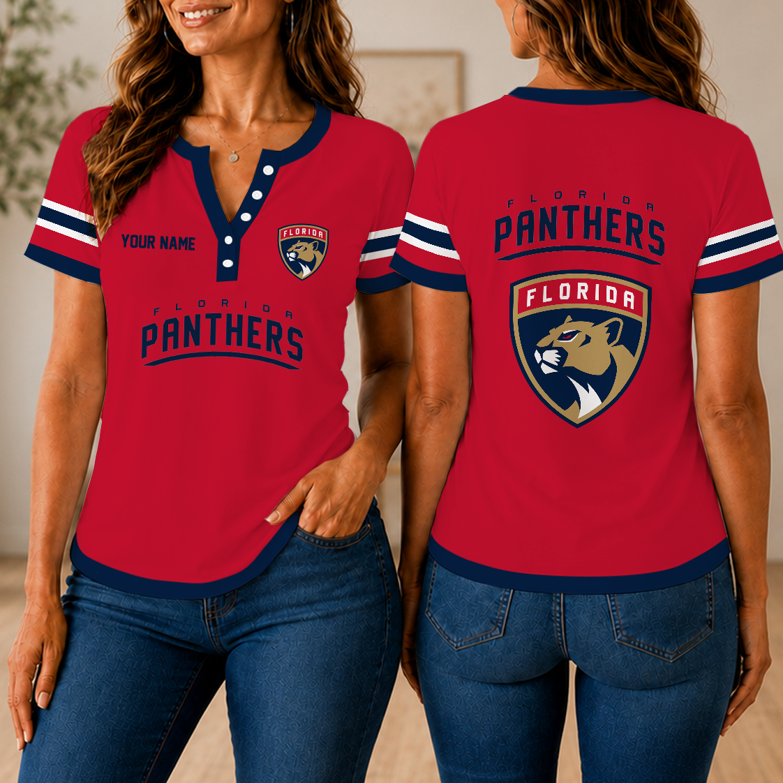LIMITED EDITION - NEW CUSTOMIZED NHL01 FPT FLORIDA PANTHERS WOMEN'S SHORT SLEEVE HENLEY T-SHIRT