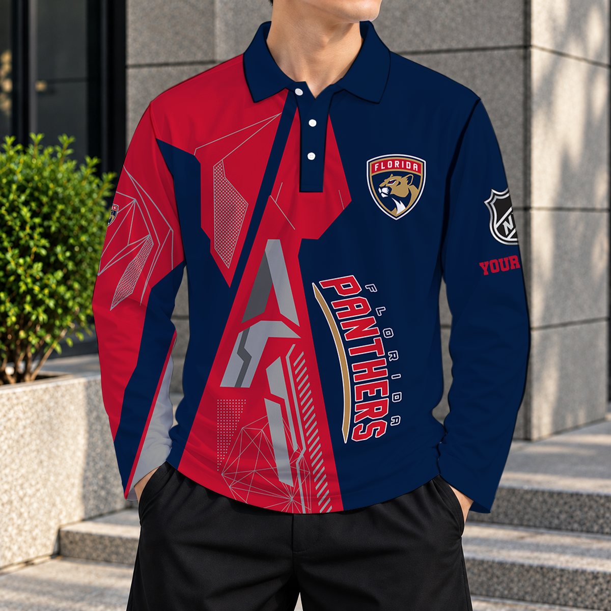 LIMITED DROP - NEW CUSTOMIZED NHL01 FPT FLORIDA PANTHERS MEN LONG SLEEVE POLO