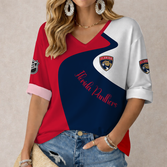 LIMITED EDITION - NEW CUSTOMIZED NHL01 FPT FLORIDA PANTHERS WOMEN'S V-NECK LONG SLEEVE SHIRT