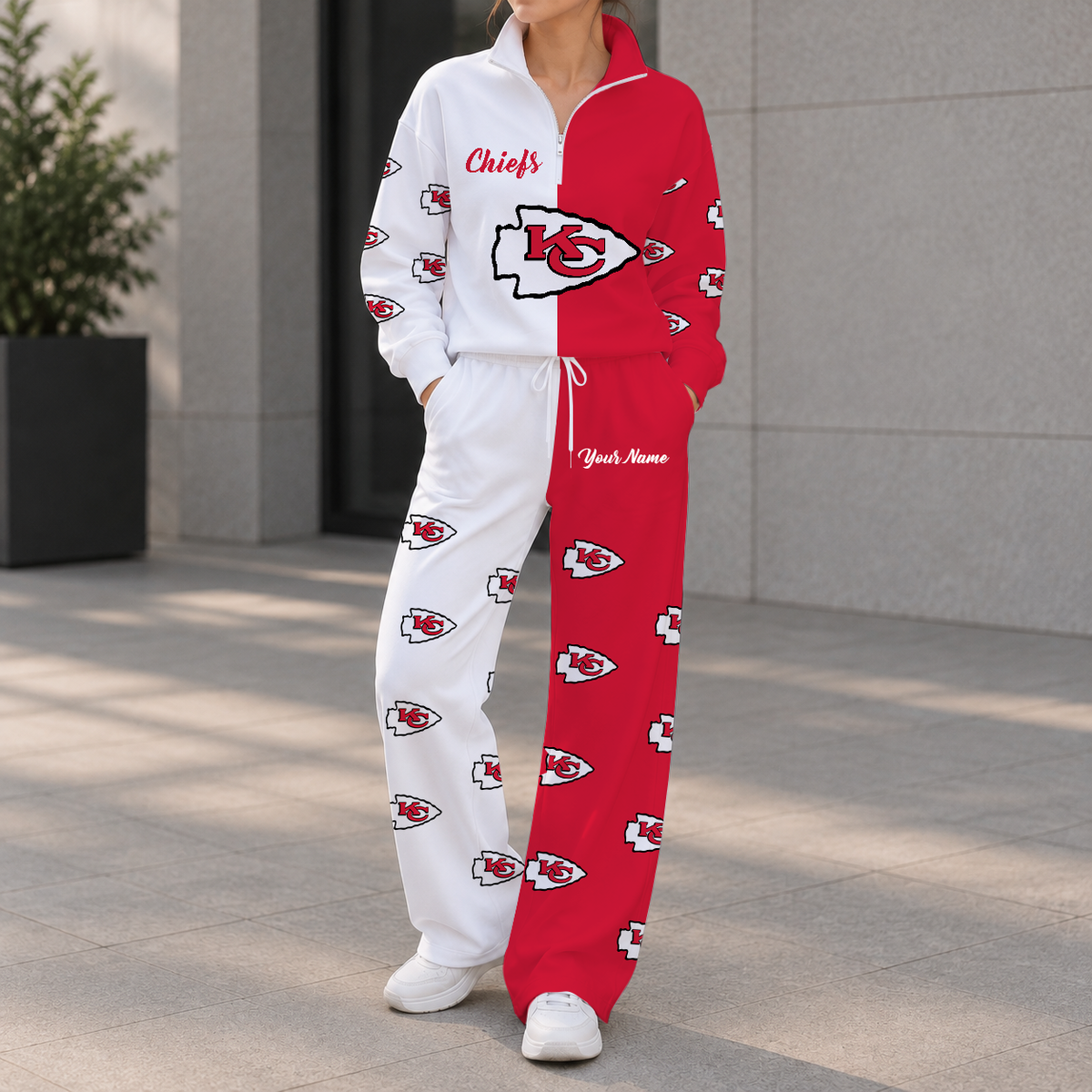 LIMITED EDITION - NEW CUSTOMIZED NFL01 KCC KANSAS CITY CHIEFS ZIPPER SWEATSHIRT & WIDE LEG PANTS SET