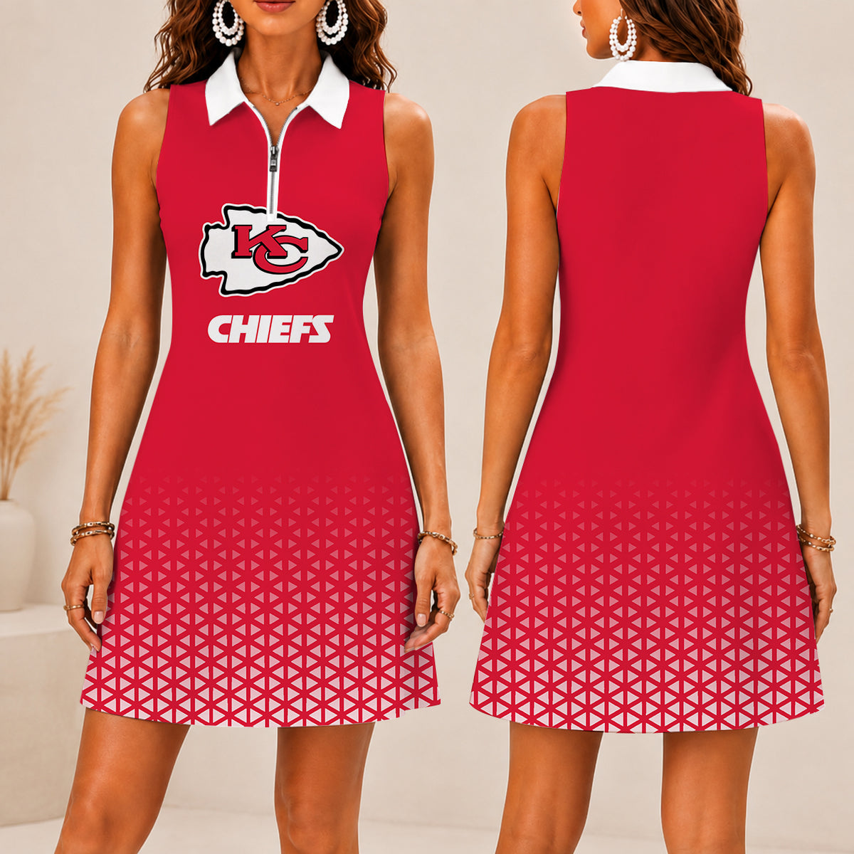 EXCLUSIVE EDITION - NEW CUSTOMIZED NFL01 KCC KANSAS CITY CHIEFS WOMEN'S ZIP SLEEVELESS POLO DRESS
