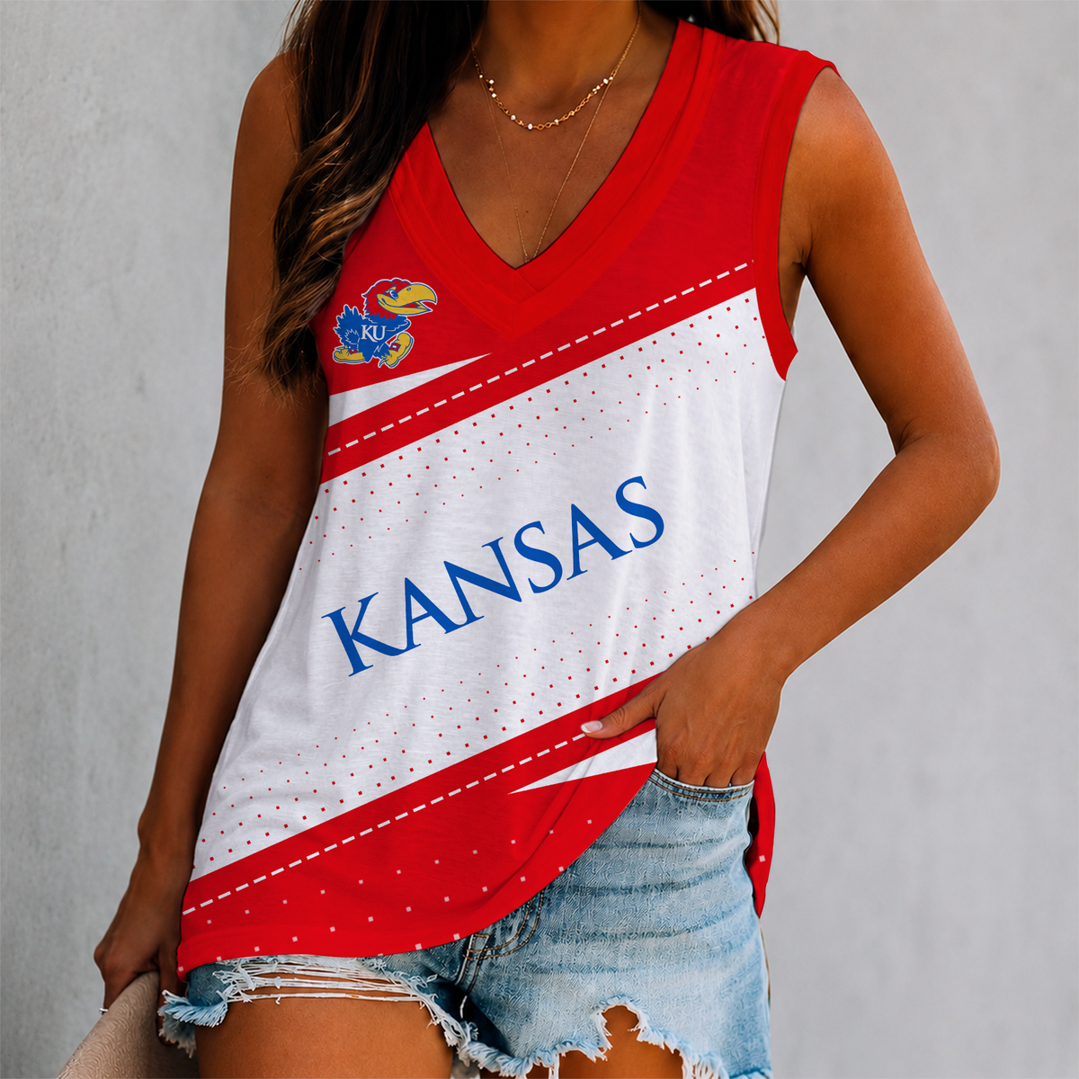 FINAL SALE - NEW CUSTOMIZED NCAA MAM01 KSJ KANSAS JAYHAWKS WOMEN'S V-NECK TANK TOP