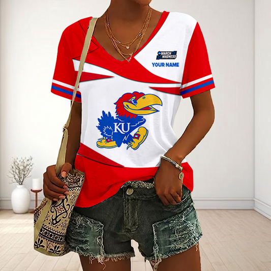 VIRAL EDITON - NEW CUSTOMIZED MAM NCAA01 KSJ KS JAYHAWKS V-NECK FEMALE SHIRT