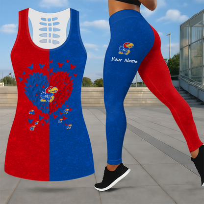 LIMITED EDITION - NEW CUSTOMIZED NCAA MAM01 KSJ KANSAS JAYHAWKS LEGGINGS & HOLLOW TANK TOP SET