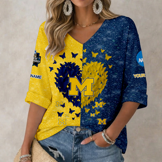 LIMITED DROP - NEW CUSTOMIZED | NCAA CWS01 MIW MICHIGAN WOLVERINES WOMEN'S HEART V-NECK LONG SLEEVE SHIRT