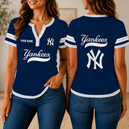 SPECIAL EDITION - NEW CUSTOMIZED MLB01 NYY NEW YORK YANKEES WOMEN'S SHORT SLEEVE HENLEY T-SHIRT