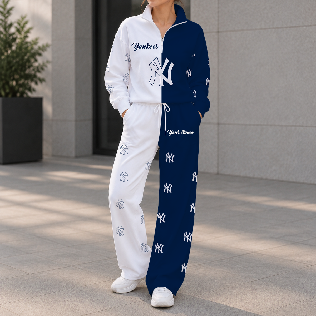 LIMITED EDITION - NEW CUSTOMIZED MLB01 NYY NEW YORK YANKEES ZIPPER SWEATSHIRT & WIDE LEG PANTS SET