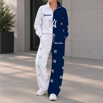 LIMITED EDITION - NEW CUSTOMIZED MLB01 NYY NEW YORK YANKEES ZIPPER SWEATSHIRT & WIDE LEG PANTS SET