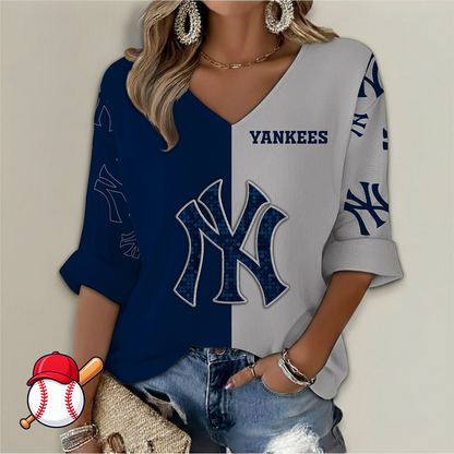 LIMITED EDITION - NEW CUSTOMIZED MLB01 NYY NEW YORK YANKEES WOMEN'S V-NECK LONG SLEEVE SHIRT