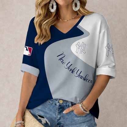 LIMITED EDITION - NEW CUSTOMIZED MLB01 NYY NEW YORK YANKEES WOMEN'S V-NECK LONG SLEEVE SHIRT
