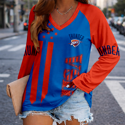 FINAL SALE - NEW CUSTOMIZED NBA01 OCT OKLAHOMA CITY THUNDER WOMEN'S V-NECK LONG SLEEVED SHIRT