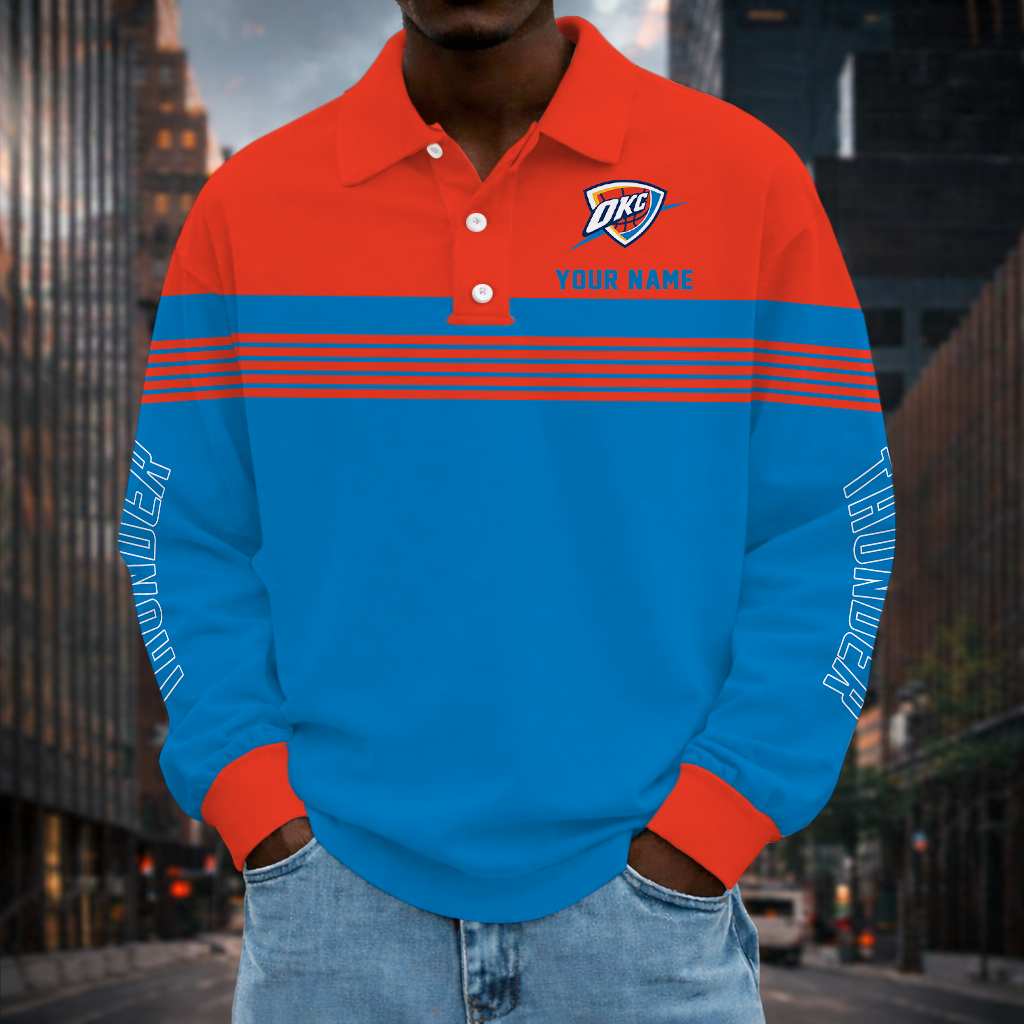 VIRAL EDITION - NEW CUSTOMIZED NBA01 OCT OKLAHOMA CITY THUNDER MEN LONG SLEEVE POLO