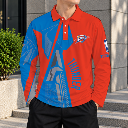 LIMITED EDITION - NEW CUSTOMIZED NBA01 OCT OKLAHOMA CITY THUNDER MEN'S LONG SLEEVE POLO