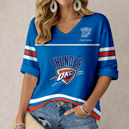 FINAL SALE - NEW CUSTOMIZED NBA01 OCT OKLAHOMA CITY THUNDER WOMEN'S HEART V-NECK LONG SLEEVE SHIRT