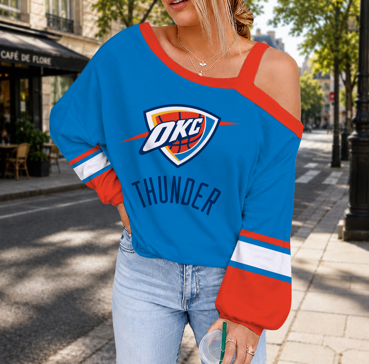 FINAL SALE - NEW CUSTOMIZED NBA01 OCT OKLAHOMA CITY THUNDER DROP SHOULDER SWEATSHIRT