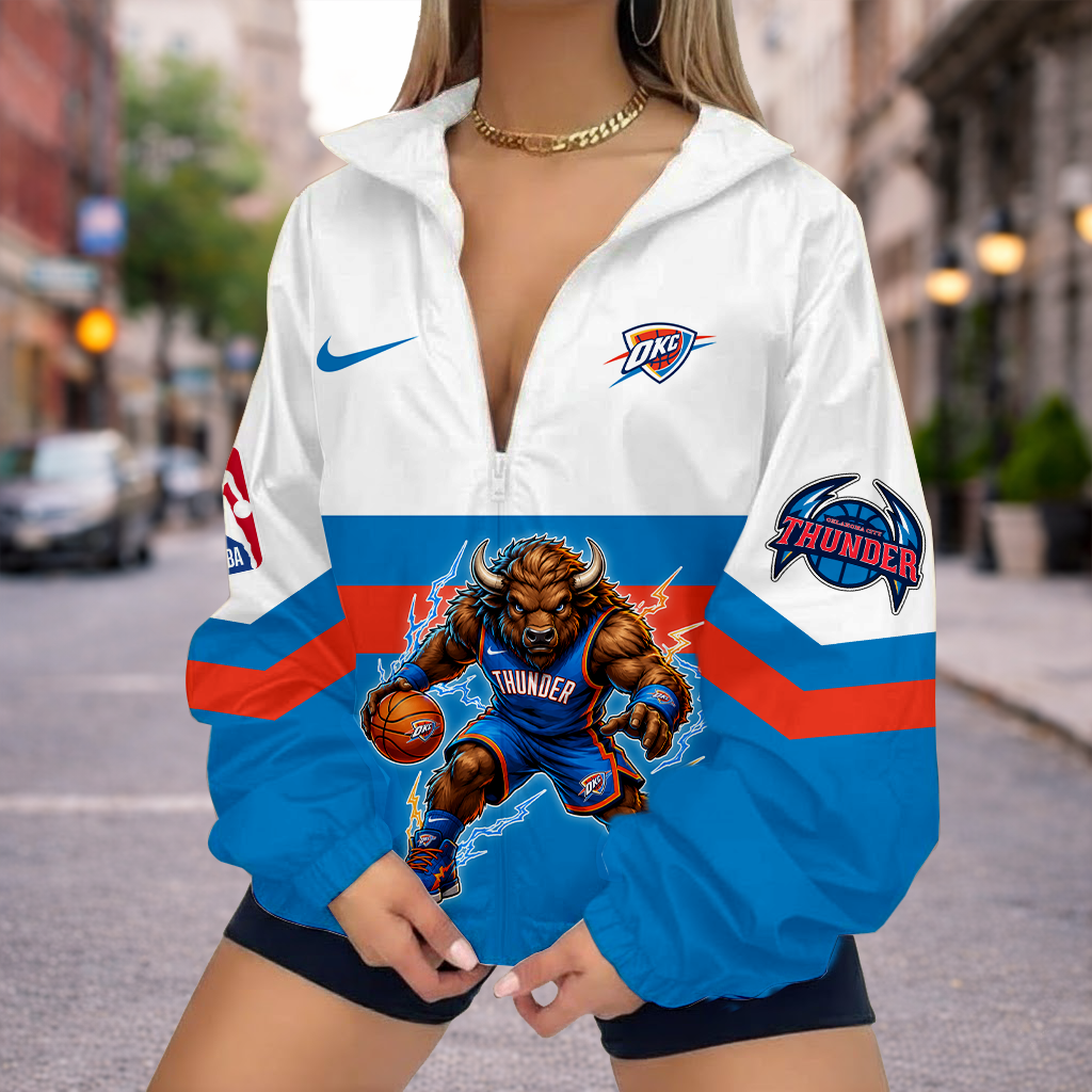 FINAL SALE - NEW CUSTOMIZED NBA01 OCT OKLAHOMA CITY THUNDER V-NECK ZIPPER SWEATSHIRT JACKET