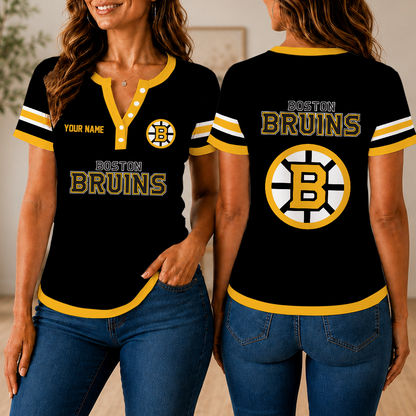 LIMITED EDITION - NEW CUSTOMIZED NHL02 BTB BOSTON BRUINS WOMEN'S SHORT SLEEVE HENLEY T-SHIRT