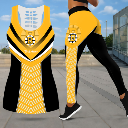 LIMITED EDITION - NEW CUSTOMIZED NHL02 BTB BOSTON BRUINS LEGGINGS & HOLLOW TANK TOP SET
