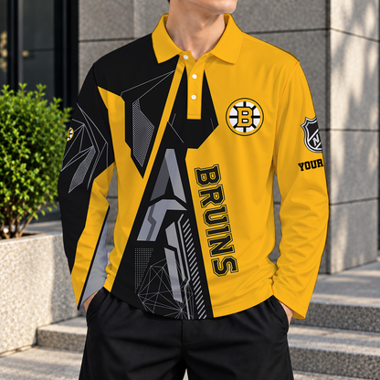 LIMITED DROP - NEW CUSTOMIZED NHL02 BTB BOSTON BRUINS MEN LONG SLEEVE POLO
