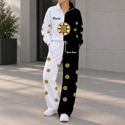 LIMITED EDITION - NEW CUSTOMIZED NHL02 BTB BOSTON BRUINS ZIPPER SWEATSHIRT & WIDE LEG PANTS SET