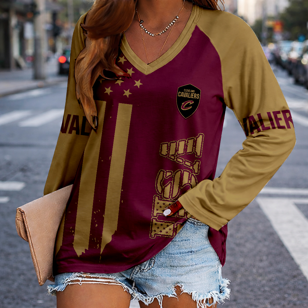 FINAL SALE - NEW CUSTOMIZED NBA02 CCA CLEVELAND CAVALIERS WOMEN'S V-NECK LONG SLEEVED SHIRT