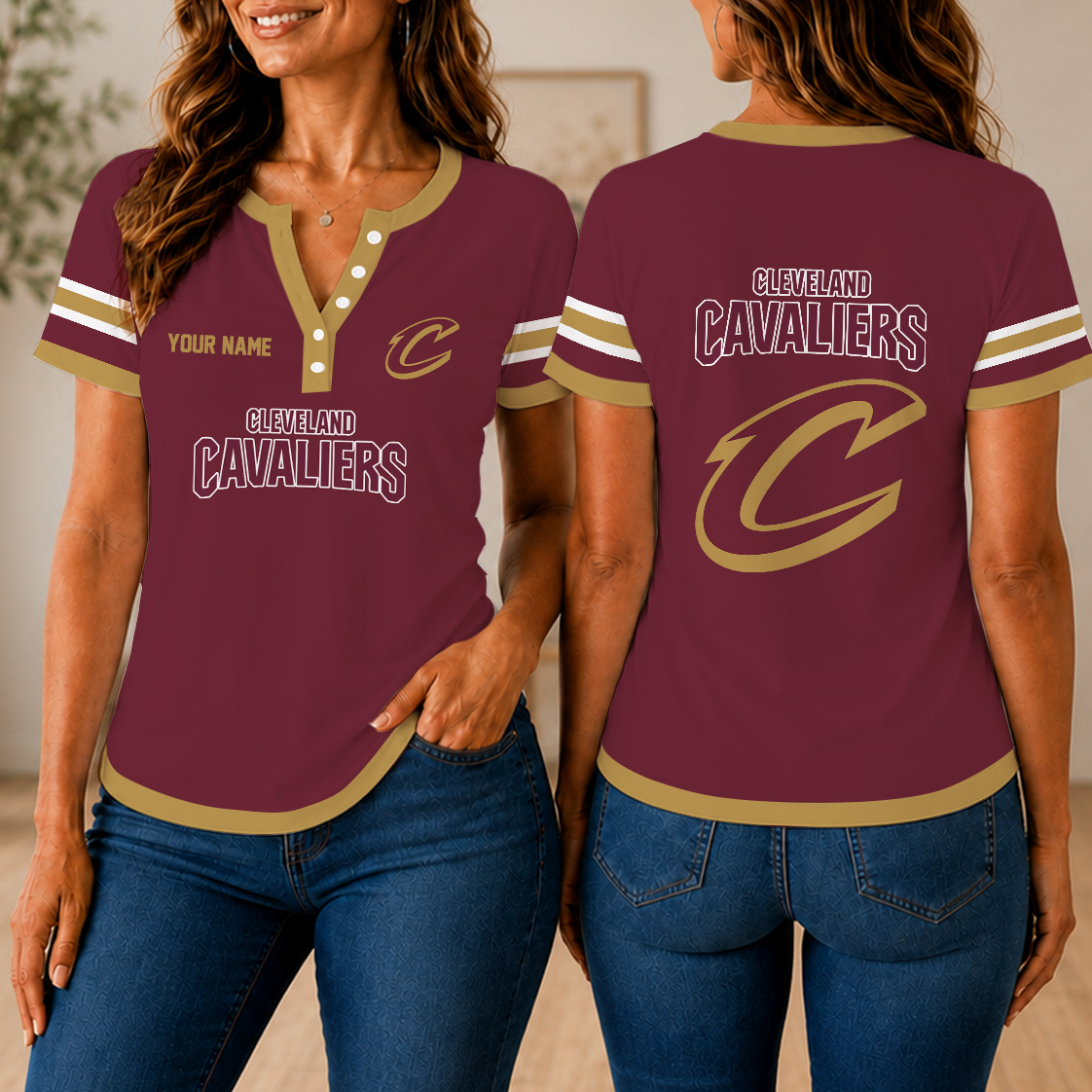 LIMITED EDITION - NEW CUSTOMIZED NBA02 CCA CLEVELAND CAVALIERS  WOMEN'S SHORT SLEEVE HENLEY T-SHIRT