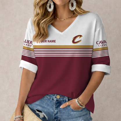 FINAL SALE - NEW CUSTOMIZED NBA02 CCA CLEVELAND CAVALIERS WOMEN'S HEART V-NECK LONG SLEEVE SHIRT