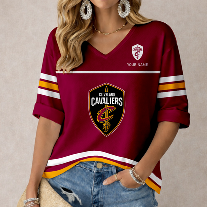 FINAL SALE - NEW CUSTOMIZED NBA02 CCA CLEVELAND CAVALIERS WOMEN'S HEART V-NECK LONG SLEEVE SHIRT
