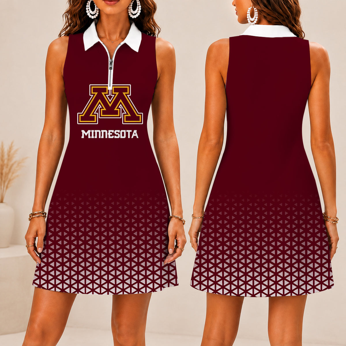 ELITE EDITION - NEW CUSTOMIZED | NCAA MFF02 MGG MINNESOTA GOLDEN GOPHERS WOMEN'S ZIP SLEEVELESS POLO DRESS