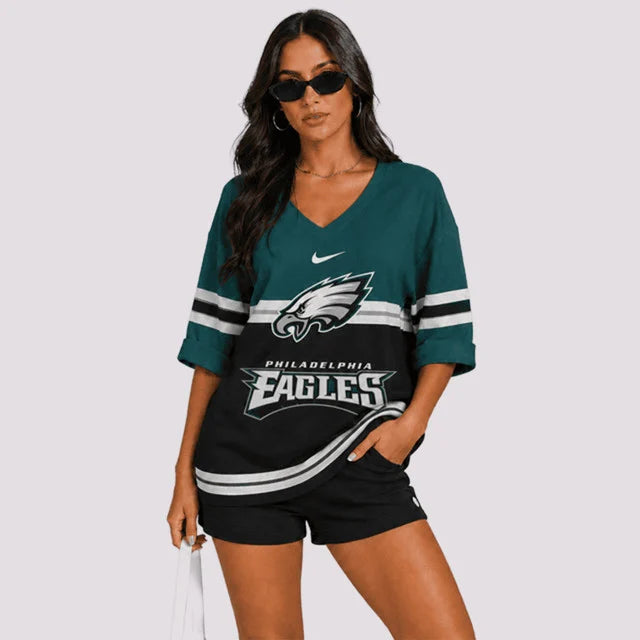 EXCLUSIVE EDITION - NEW CUSTOMIZED | NFL02 PPE PHILADELPHIA EAGLES WOMEN'S HEART V-NECK LONG SLEEVE SHIRT