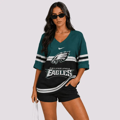 EXCLUSIVE EDITION - NEW CUSTOMIZED | NFL02 PPE PHILADELPHIA EAGLES WOMEN'S HEART V-NECK LONG SLEEVE SHIRT
