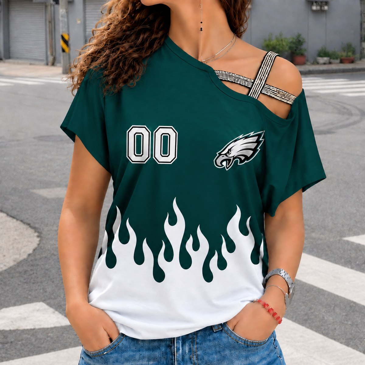 LIMITED EDITION - NEW CUSTOMIZED NFL02 PPE PHILADELPHIA EAGLES WOMEN'S SHOULDER SHIRT