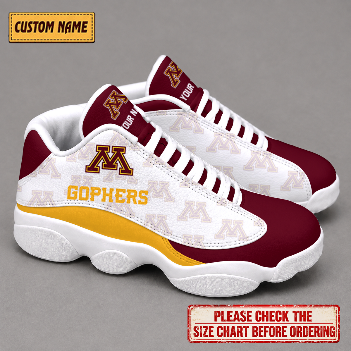 LIMITED EDITION - NEW CUSTOMIZED NCAA MFF02 MGG MINNESOTA GOLDEN GOPHERS AIR JORDAN 13 LOW TOP SNEAKER