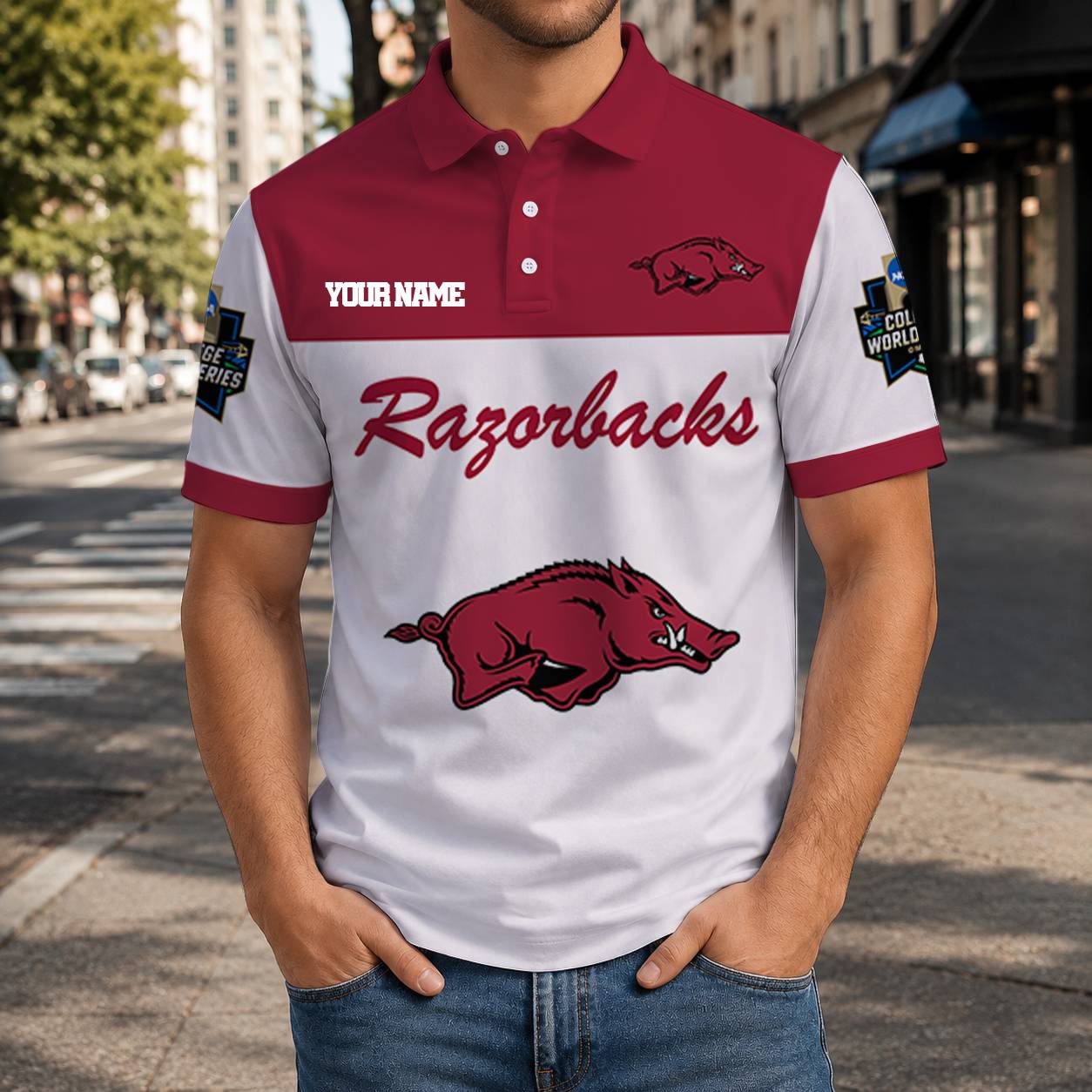 VIRAL EDITION - NEW CUSTOMIZED NCAA CWS03 AKR ARKANSAS RAZORBACKS T-SHIRT, POLO SHIRT, ZIP POLO SHIRT, SWEATSHIRT, HOODIE & ZIP HOODIE