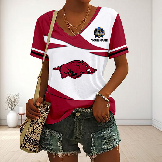 VIRAL EDITON - NEW CUSTOMIZED CWS NCAA03 AKR AK RAZORBACKS V-NECK FEMALE SHIRT