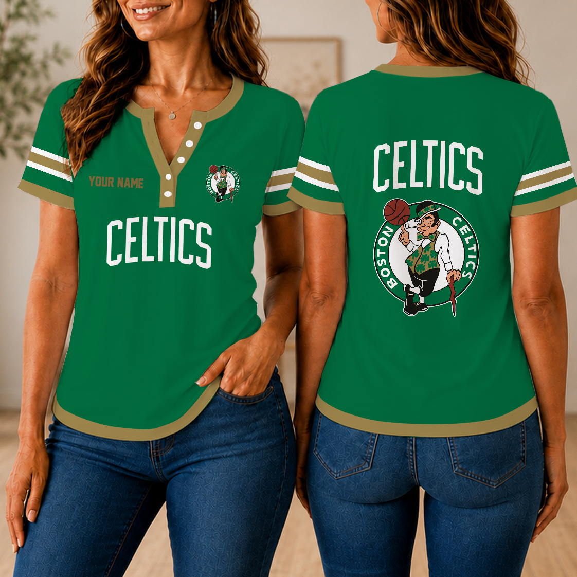 LIMITED EDITION - NEW CUSTOMIZED NBA03 BCE BOSTON CELTICS  WOMEN'S SHORT SLEEVE HENLEY T-SHIRT