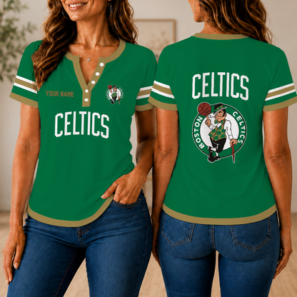 LIMITED EDITION - NEW CUSTOMIZED NBA03 BCE BOSTON CELTICS  WOMEN'S SHORT SLEEVE HENLEY T-SHIRT