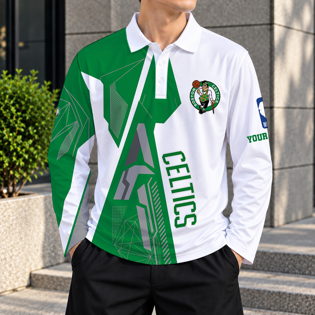 LIMITED EDITION - NEW CUSTOMIZED NBA03 BCE BOSTON CELTICS MEN'S LONG SLEEVE POLO