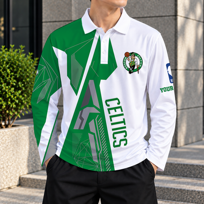 LIMITED EDITION - NEW CUSTOMIZED NBA03 BCE BOSTON CELTICS MEN'S LONG SLEEVE POLO