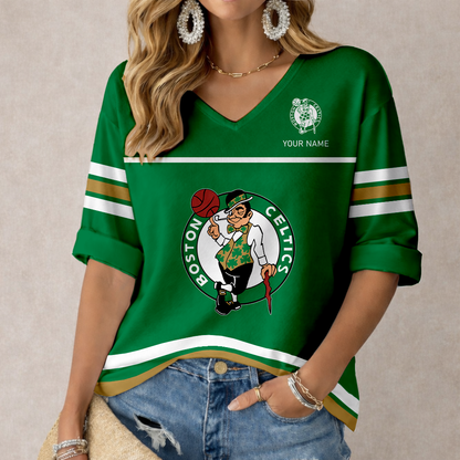 FINAL SALE - NEW CUSTOMIZED NBA03 BCE BOSTON CELTICS WOMEN'S HEART V-NECK LONG SLEEVE SHIRT