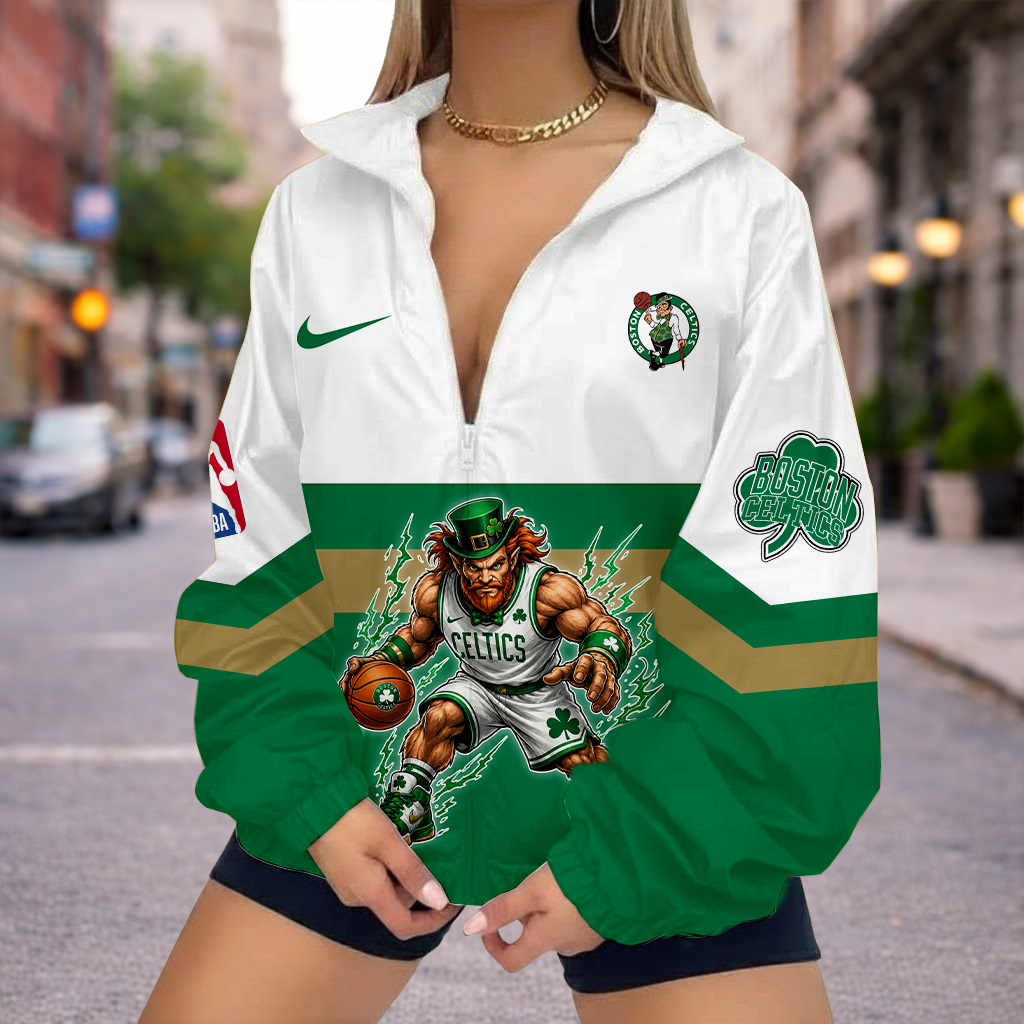 FINAL SALE - NEW CUSTOMIZED NBA03 BCE BOSTON CELTICS V-NECK ZIPPER SWEATSHIRT JACKET