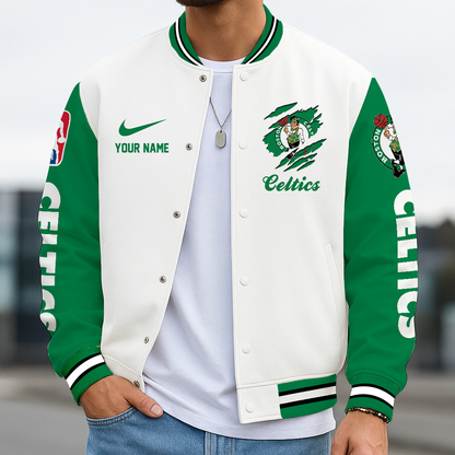 FINAL SALE - NEW CUSTOMIZED NBA03 BCE BT CELTICS BASEBALL JACKET, SATIN VARSITY JACKET