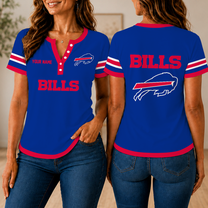 LIMITED EDITION - NEW CUSTOMIZED NFL03 BFB BUFFALO BILLS WOMEN'S SHORT SLEEVE HENLEY T-SHIRT