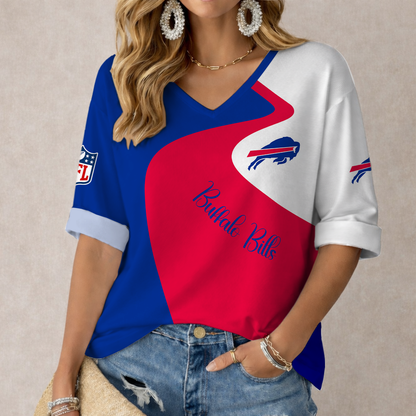 LIMITED EDITION - NEW CUSTOMIZED NFL03 BFB BUFFALO BILLS WOMEN'S V-NECK LONG SLEEVED SHIRT