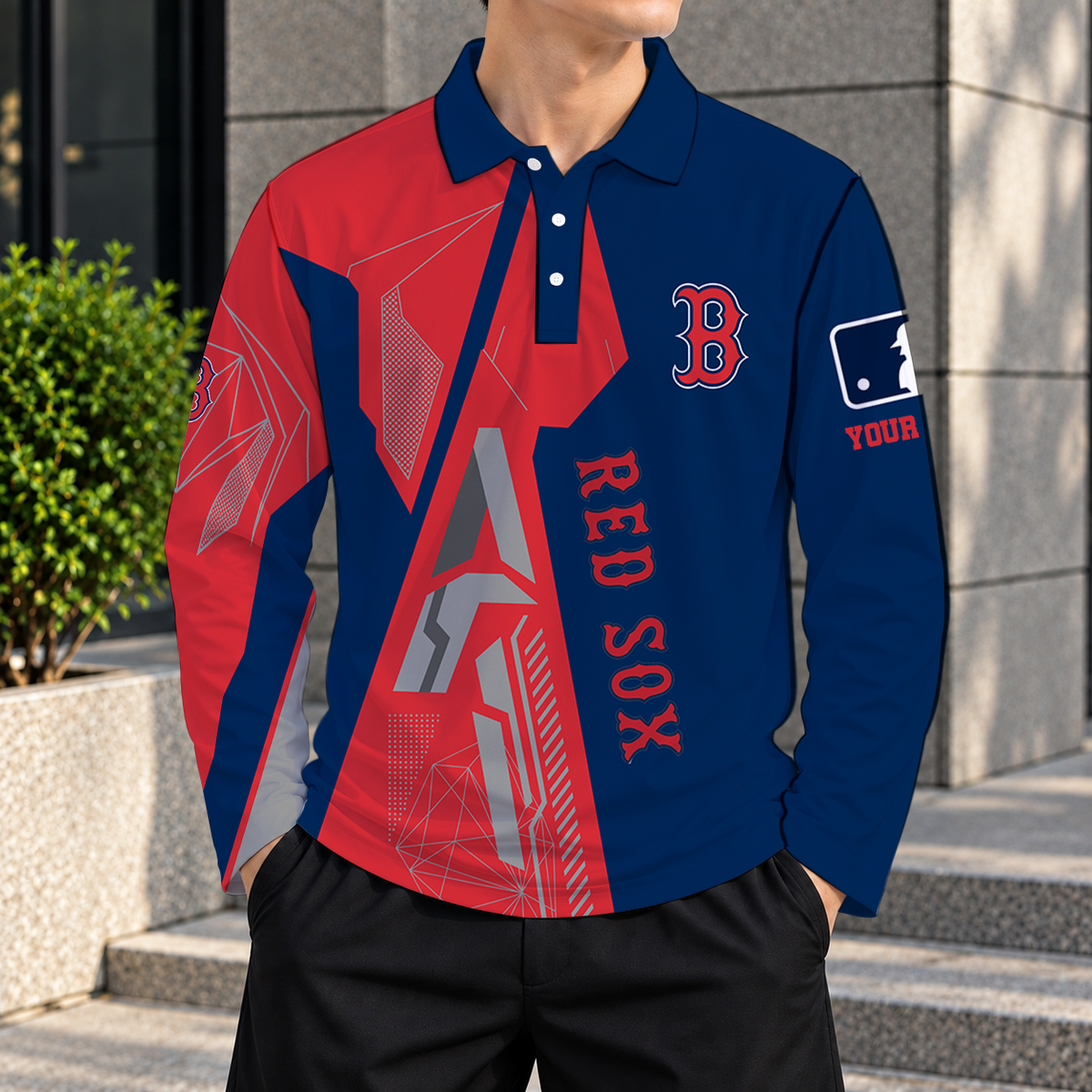 SPECIAL EDITION - NEW CUSTOMIZED MLB03 BRS BOSTON RED SOX MEN'S LONG SLEEVE POLO