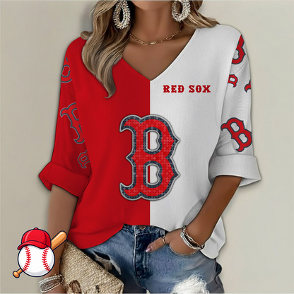 LIMITED EDITION - NEW CUSTOMIZED MLB03 BRS BOSTON RED SOX WOMEN'S V-NECK LONG SLEEVE SHIRT