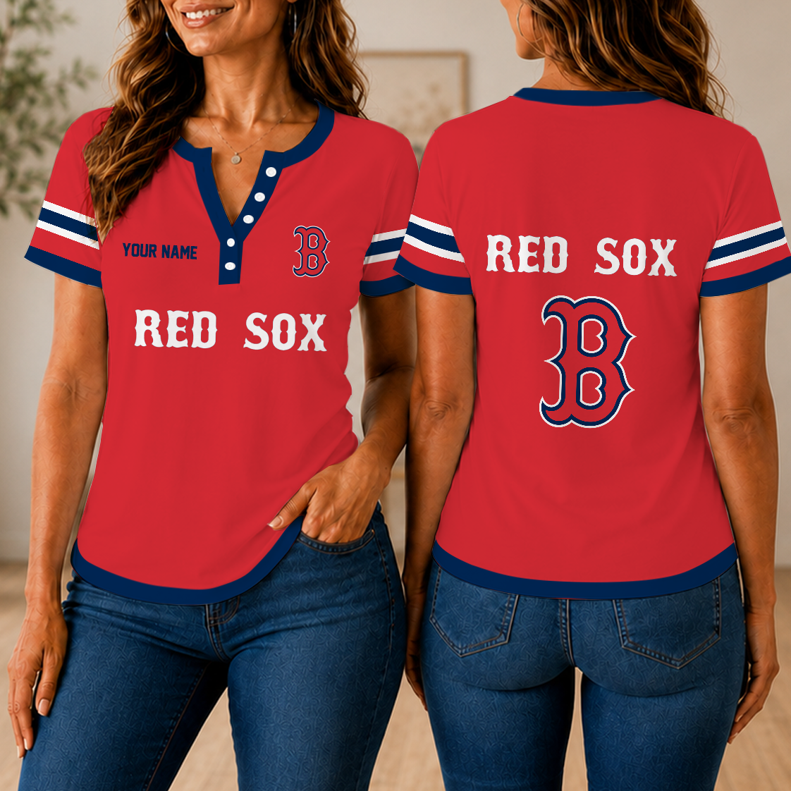 SPECIAL EDITION - NEW CUSTOMIZED MLB03 BRS BOSTON RED SOX WOMEN'S SHORT SLEEVE HENLEY T-SHIRT