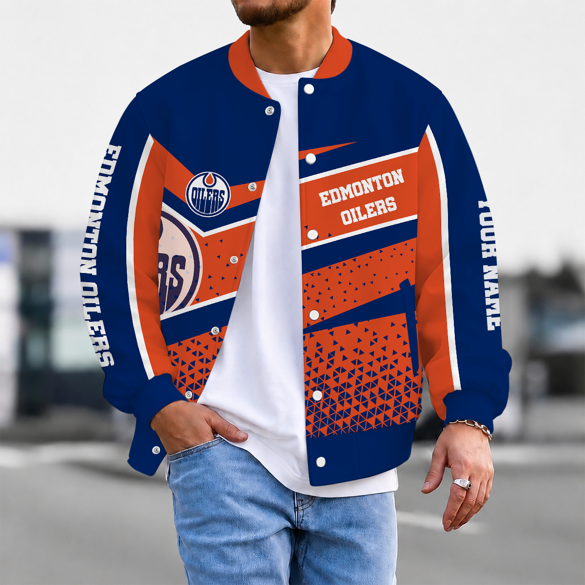 LIMITED EDITION - NEW CUSTOMIZED NHL03 EMO EDMONTON OILERS SATIN VARSITY JACKET & BASEBALL JACKET