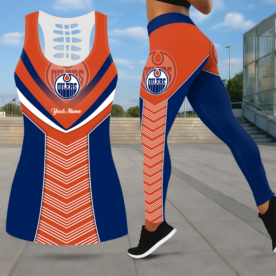 LIMITED EDITION - NEW CUSTOMIZED NHL03 EMO EDMONTON OILERS LEGGINGS & HOLLOW TANK TOP SET